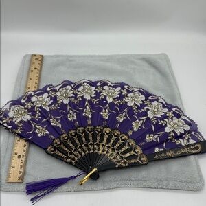 Asian Hand Fan with Tassel-Purple, White with Gold Sparkling Florals 9”x 17”